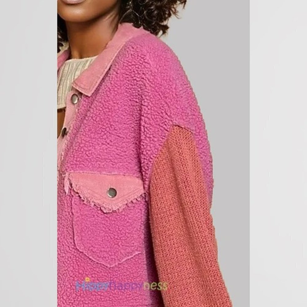 New POL Crop Jacket Shacket Barbie Pink Sherpa Size NWT - Picture 5 of 6
